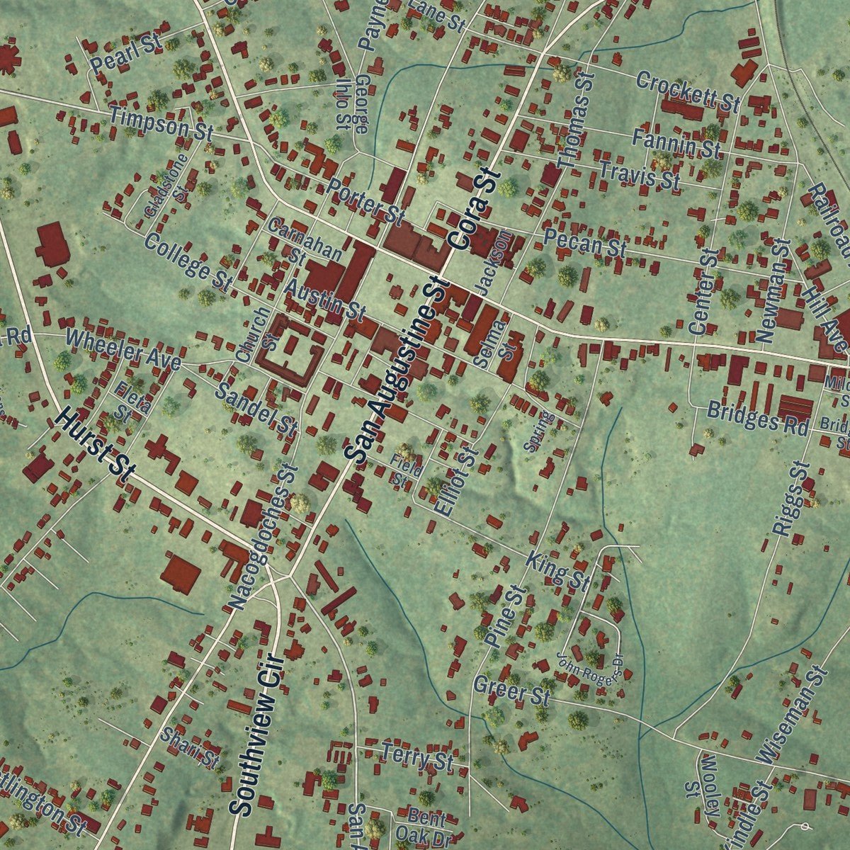 Close-up of the map of Center, Texas print showing street and building detail