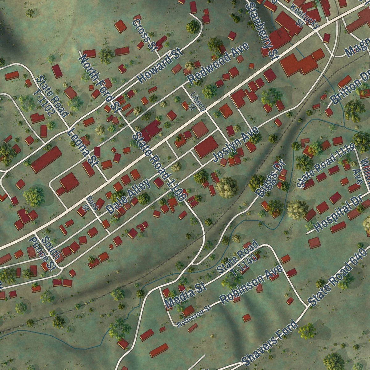 Close-up of the map of Pennington Gap, Virginia print showing street and building detail