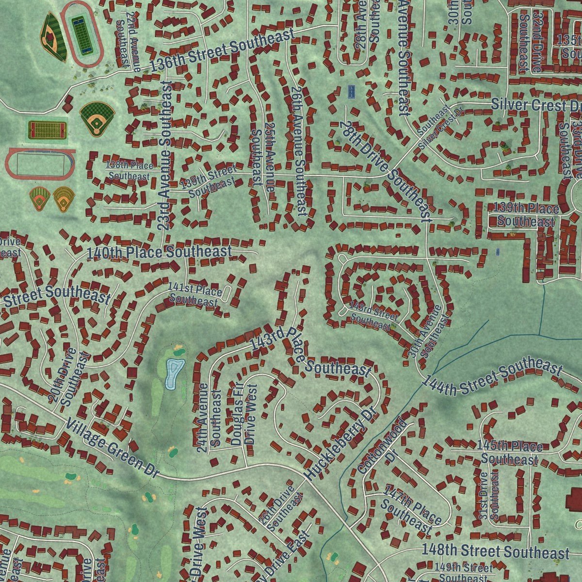 Close-up of the map of Mill Creek, Washington print showing street and building detail