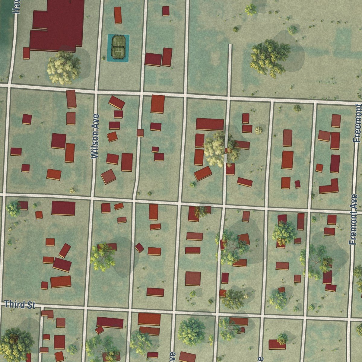 Close-up of the map of Winona, Kansas print showing street and building detail