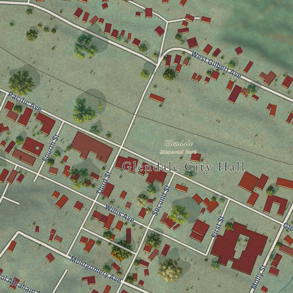 Close-up of the map of Glendale, Oregon print showing street and building detail
