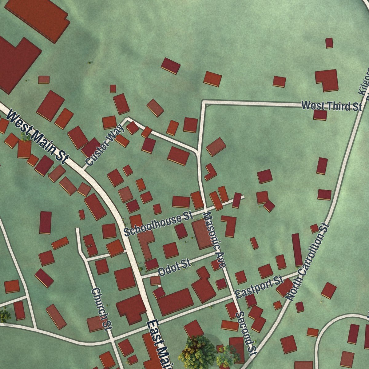 Close-up of the map of Scio, Ohio print showing street and building detail