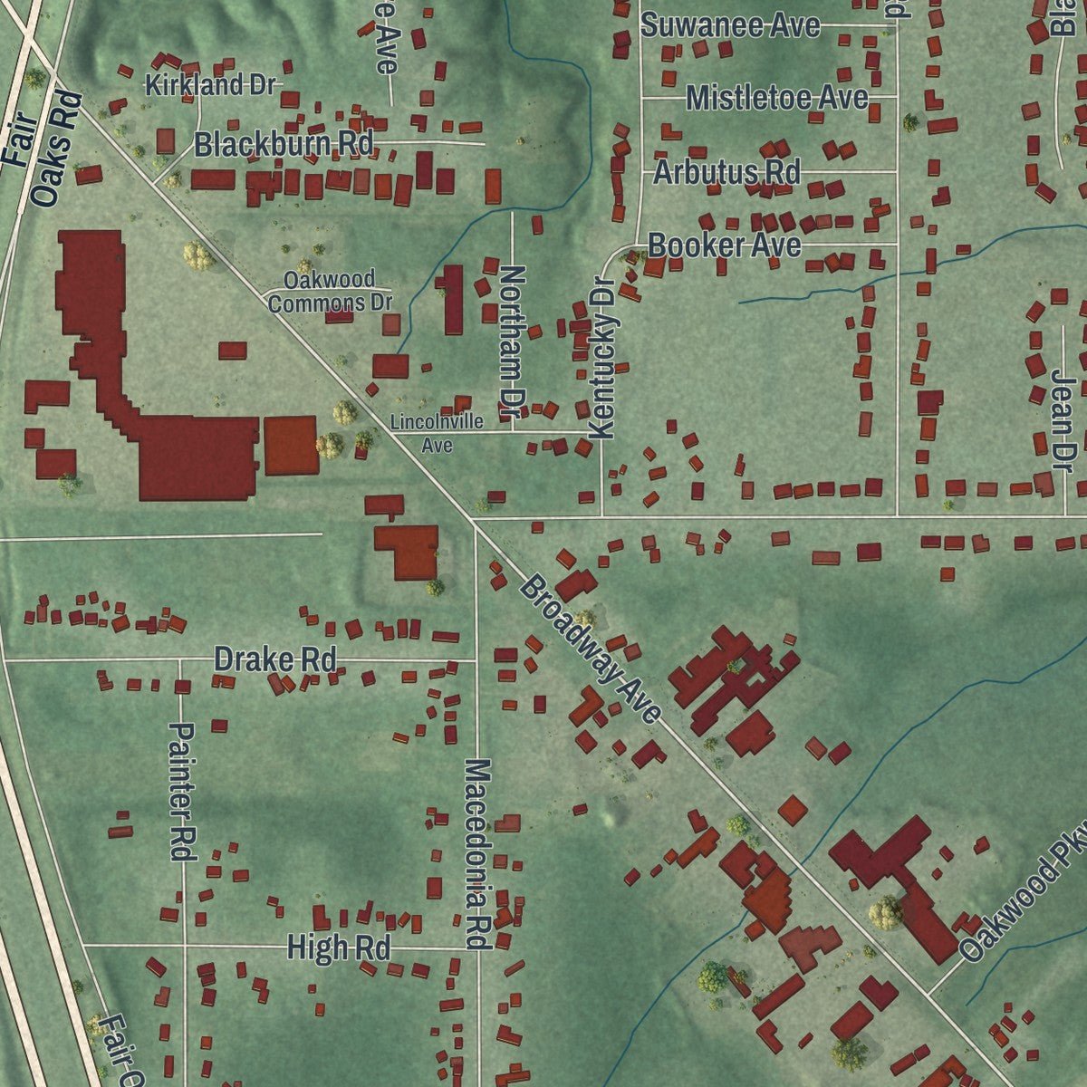 Close-up of the map of Oakwood, Cuyahoga County, Ohio print showing street and building detail