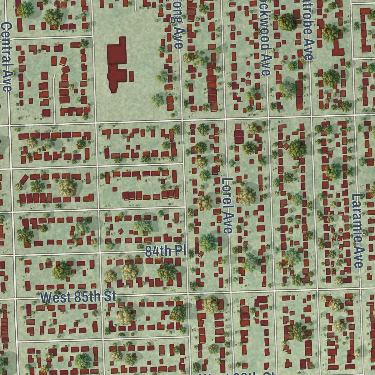 Close-up of the map of Burbank, Illinois print showing street and building detail
