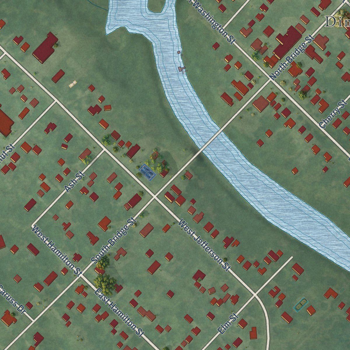Close-up of the map of Dimondale, Michigan print showing street and building detail