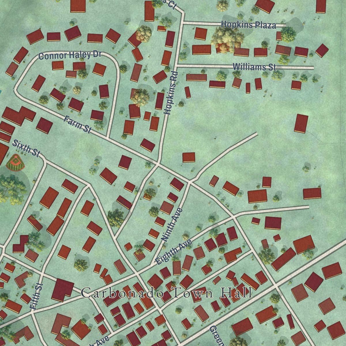 Close-up of the map of Carbonado, Washington print showing street and building detail