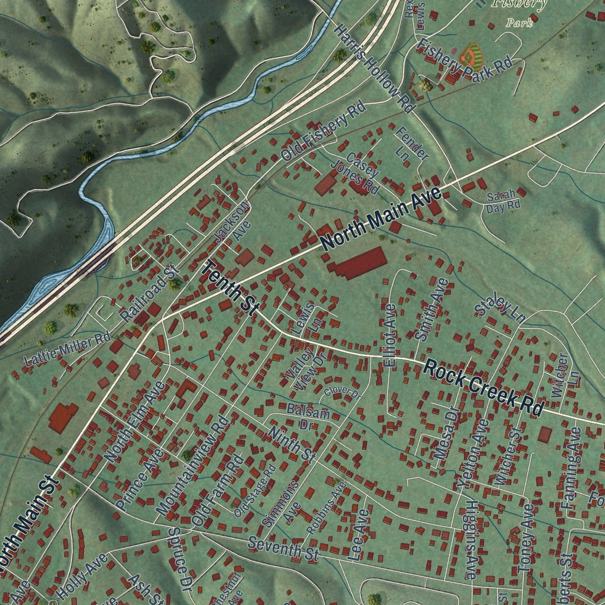 Close-up of the map of Erwin, Tennessee print showing street and building detail