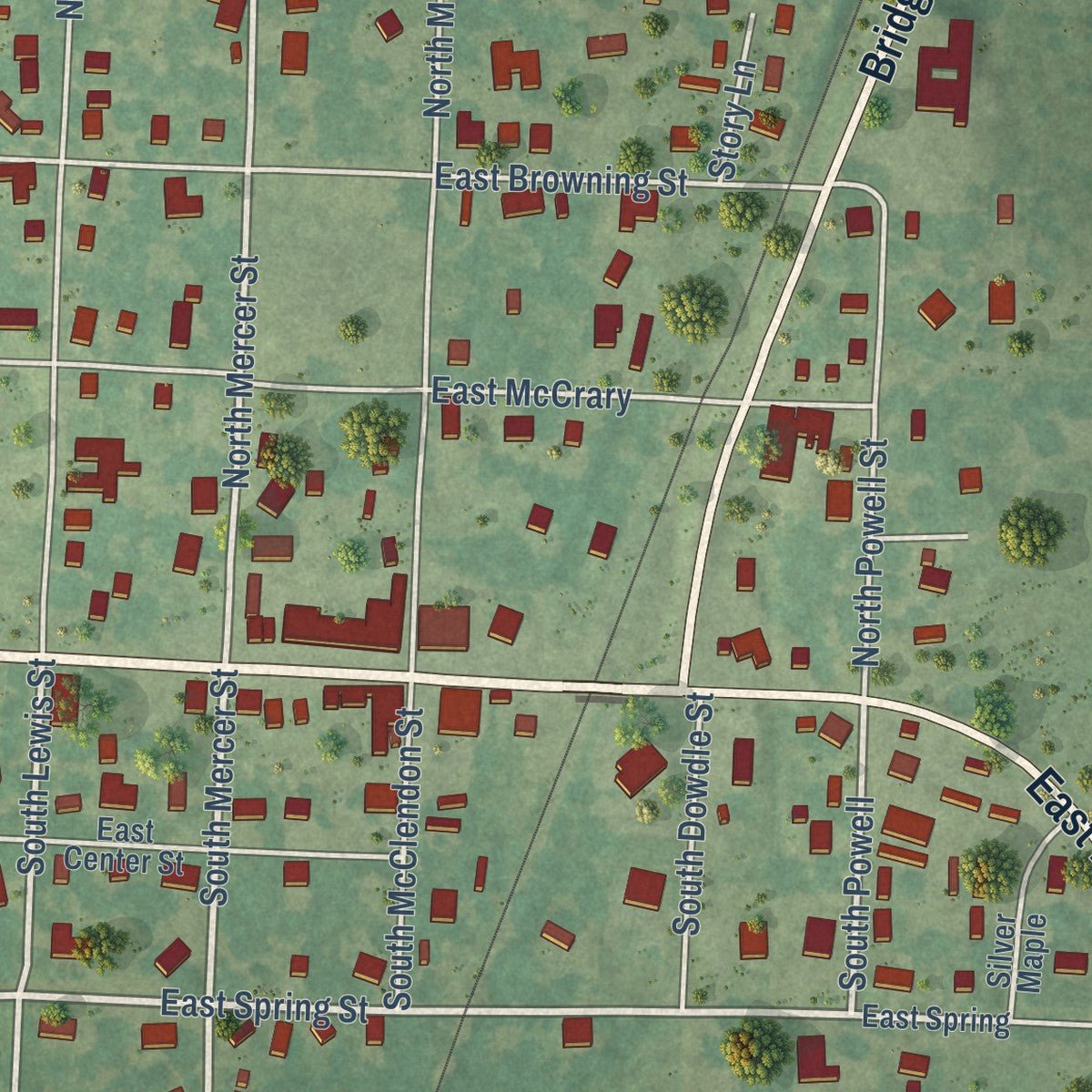 Close-up of the map of Mineral Springs, Arkansas print showing street and building detail