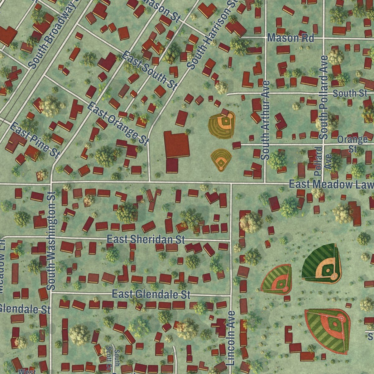 Close-up of the map of Manito, Illinois print showing street and building detail