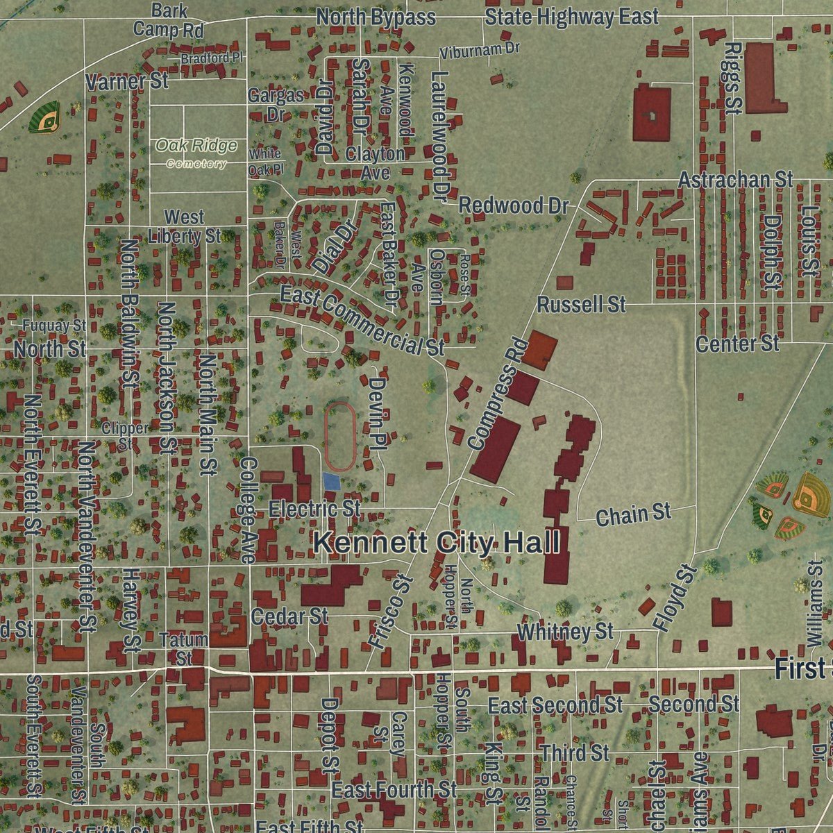 Close-up of the map of Kennett, Missouri print showing street and building detail
