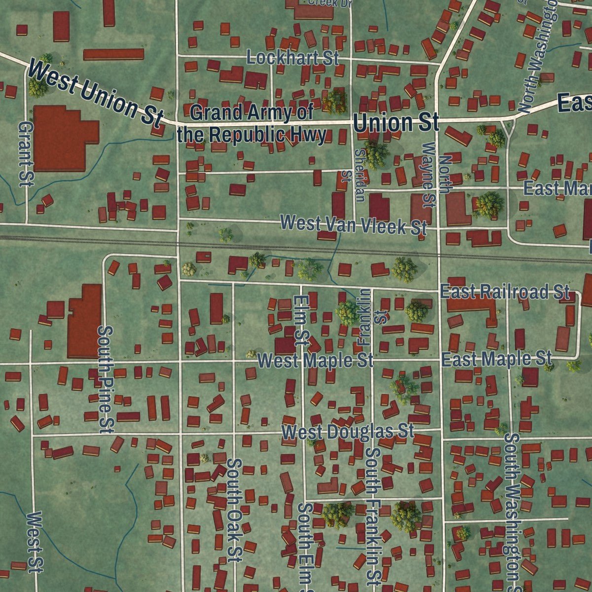 Close-up of the map of Waterloo, Indiana print showing street and building detail
