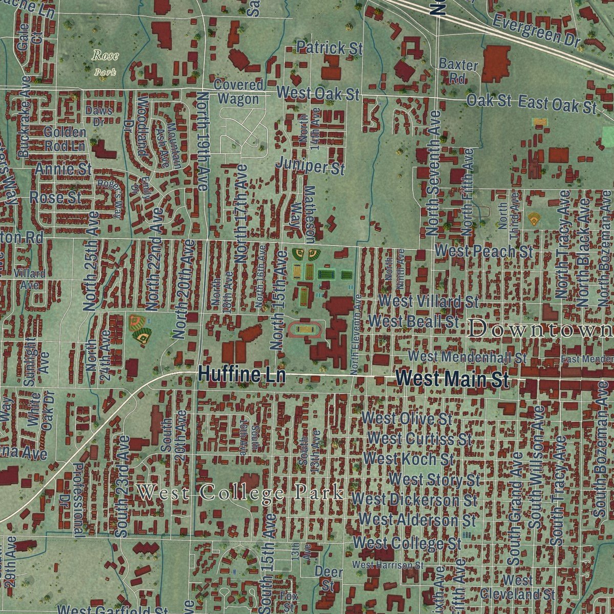 Close-up of the map of Bozeman, Montana print showing street and building detail