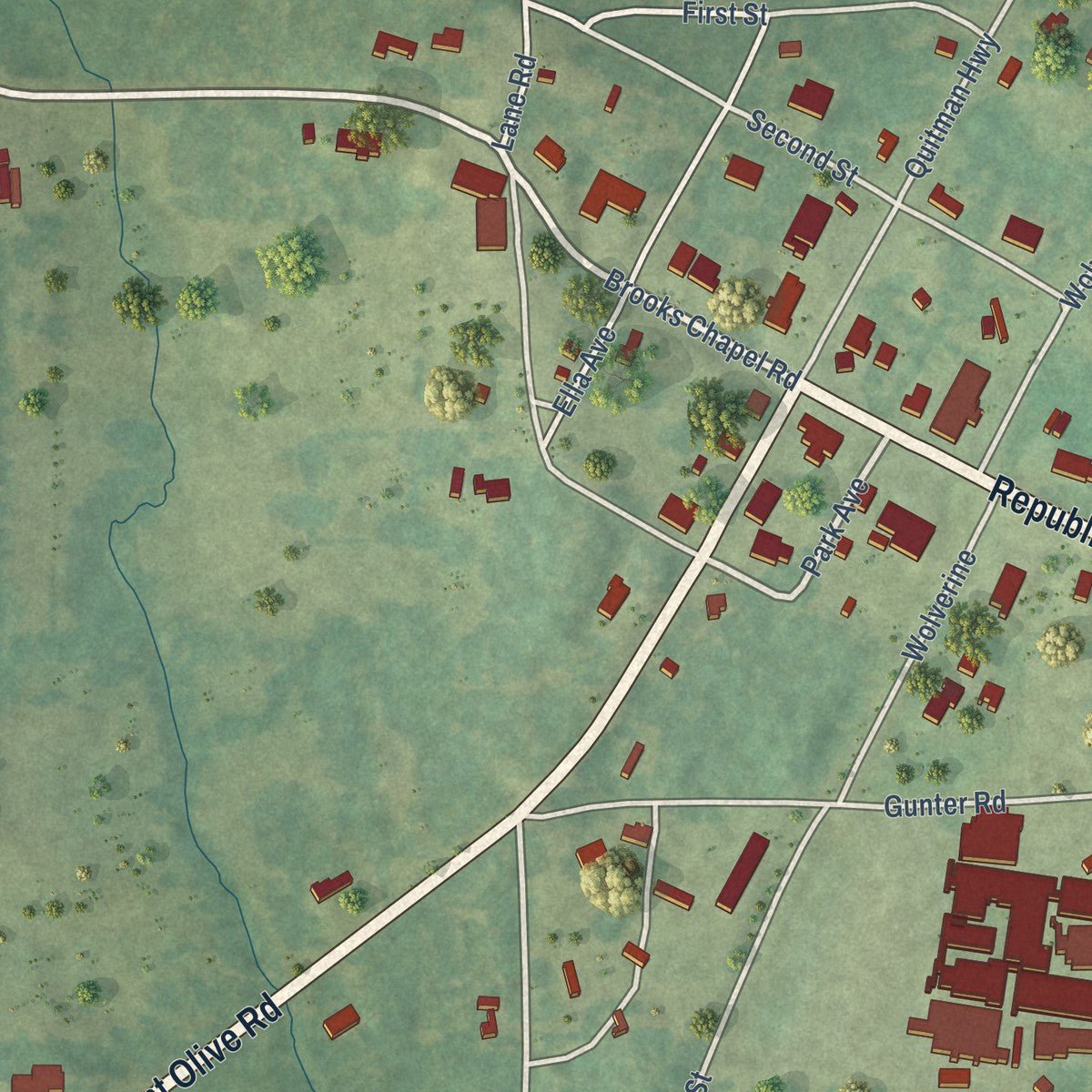 Close-up of the map of Quitman, Louisiana print showing street and building detail