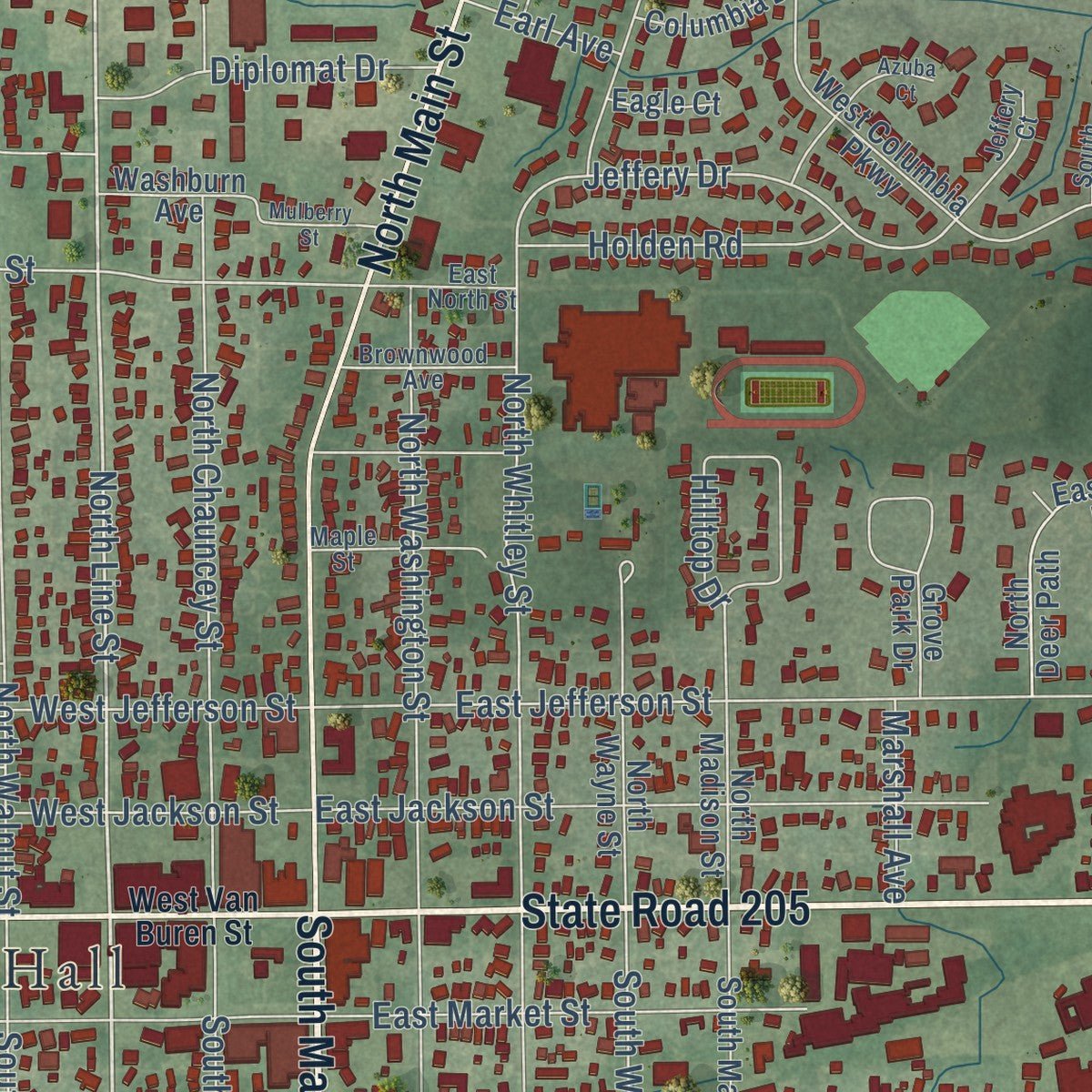 Close-up of the map of Columbia City, Indiana print showing street and building detail