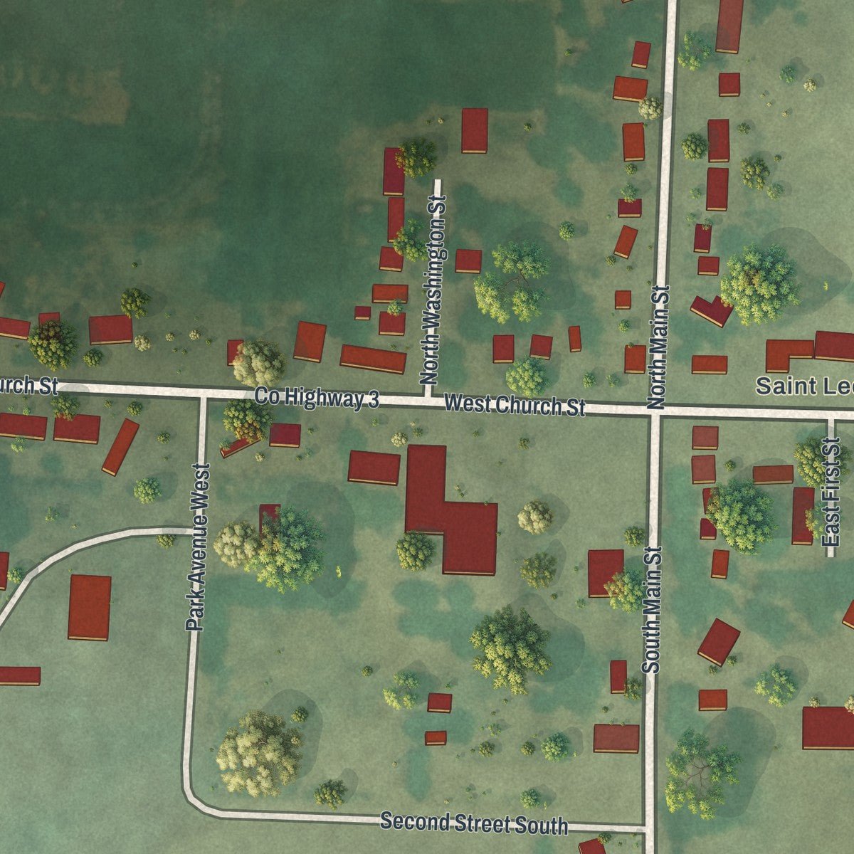 Close-up of the map of St. Leo, Minnesota print showing street and building detail