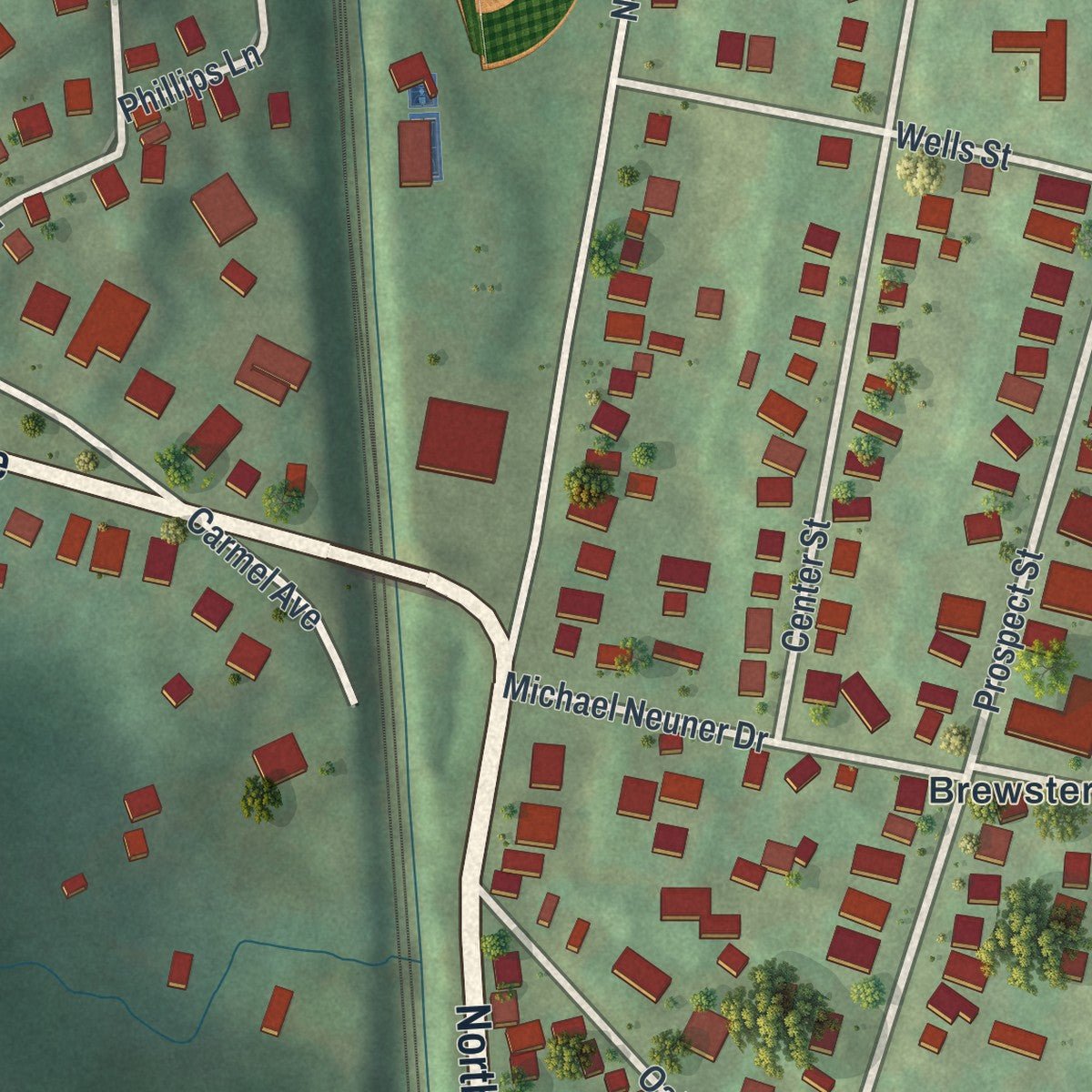 Close-up of the map of Brewster, New York print showing street and building detail