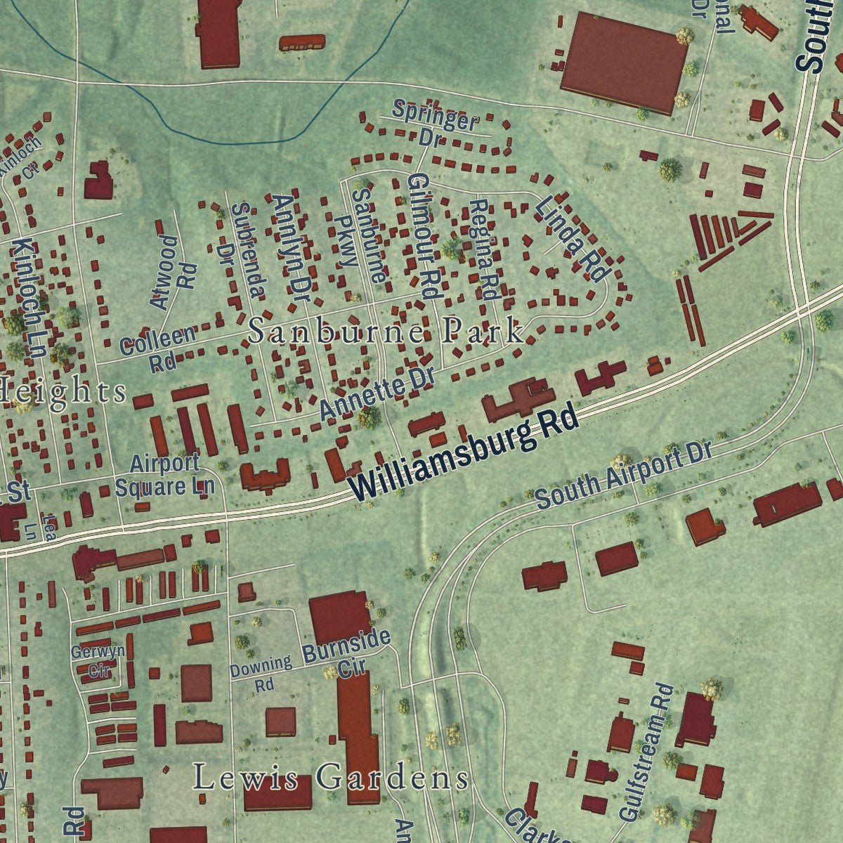 Close-up of the map of Sandston, Virginia print showing street and building detail