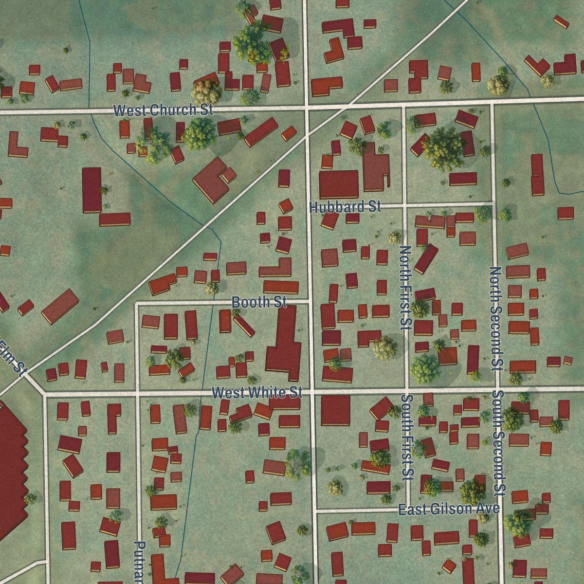 Close-up of the map of Oakfield, Wisconsin print showing street and building detail