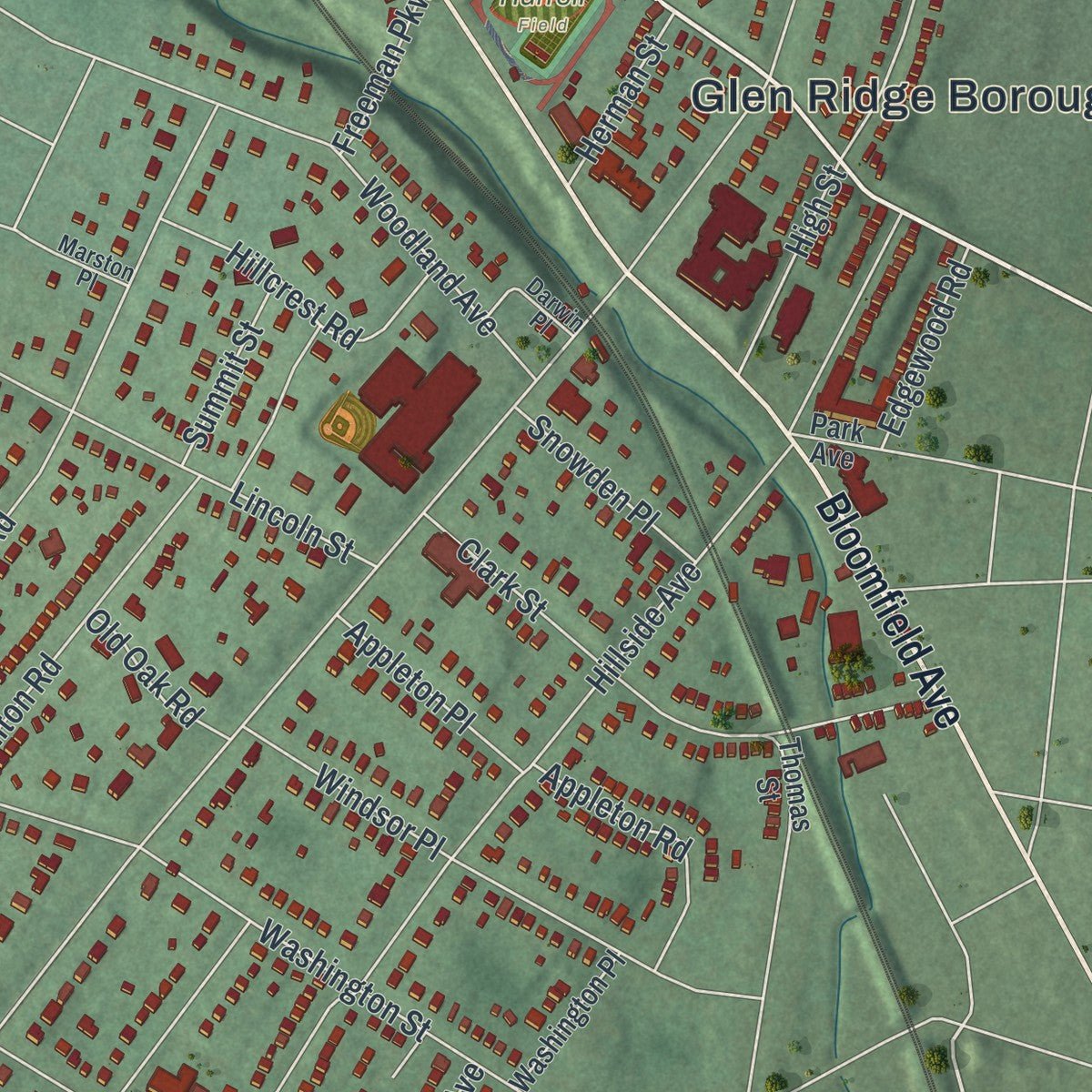 Close-up of the map of Glen Ridge, New Jersey print showing street and building detail