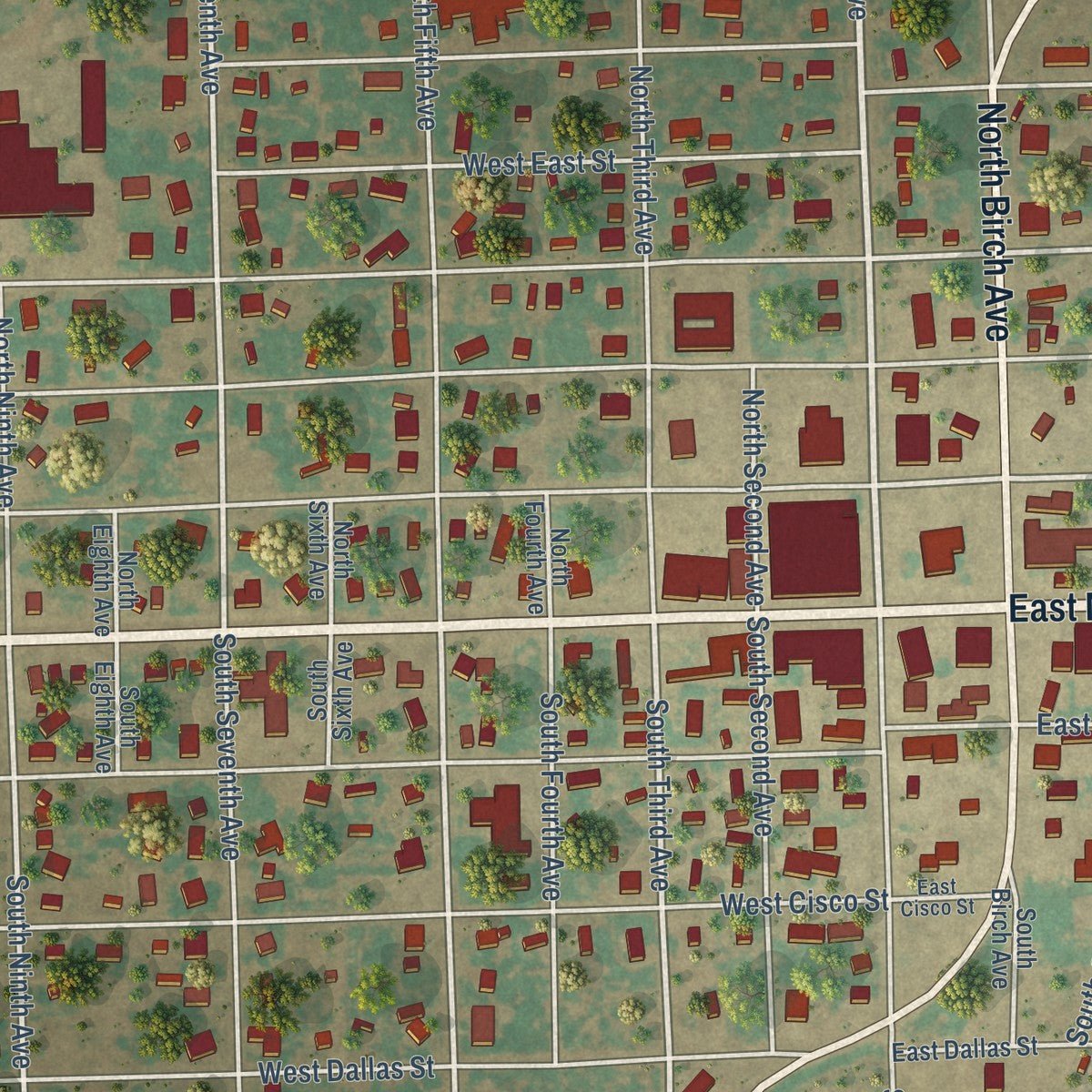 Close-up of the map of Munday, Texas print showing street and building detail