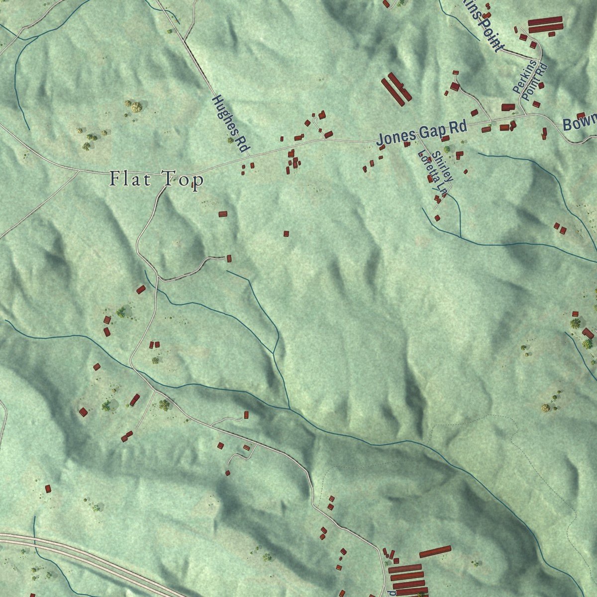 Close-up of the map of Flat Top Mountain, Tennessee print showing street and building detail