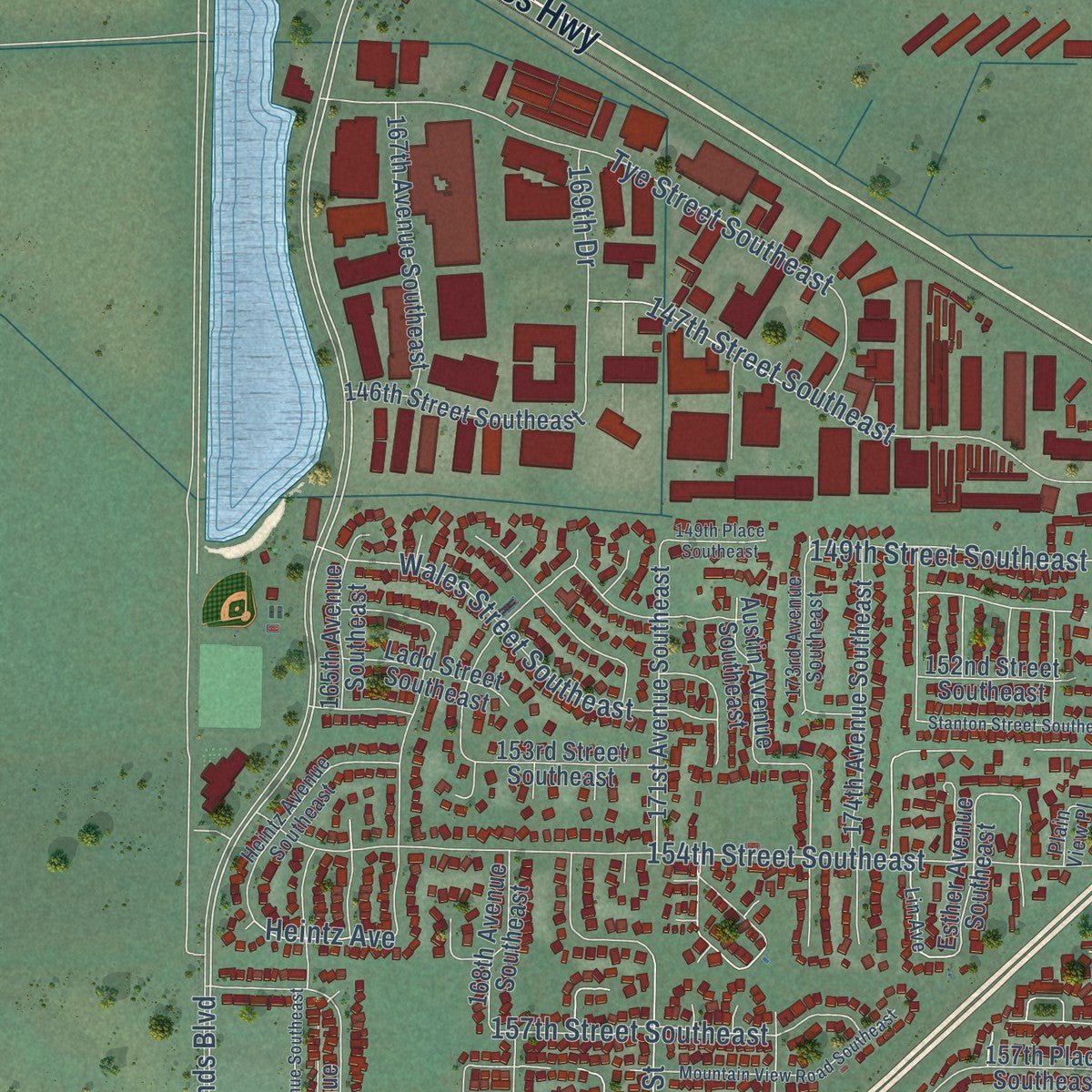 Close-up of the map of Monroe, Washington print showing street and building detail