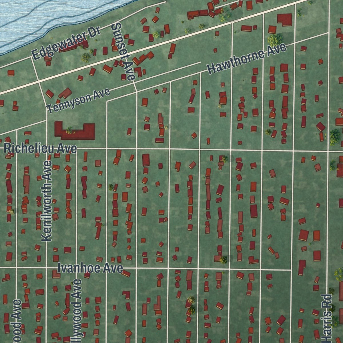 Close-up of the map of Sheffield Lake, Ohio print showing street and building detail