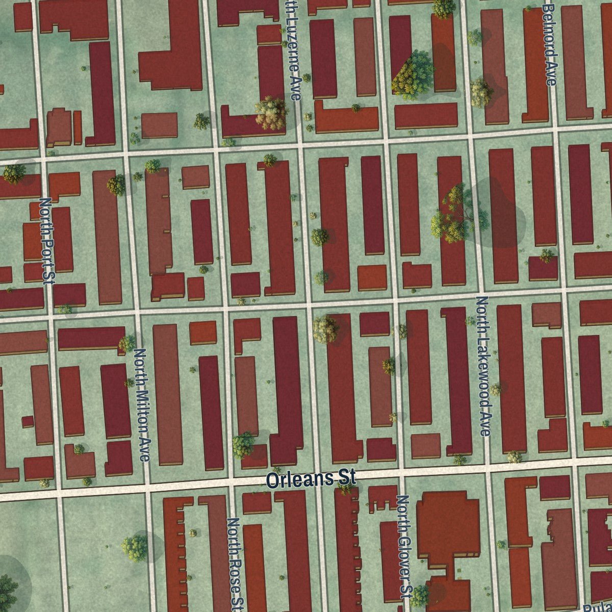 Close-up of the map of McElderry Park, Maryland print showing street and building detail