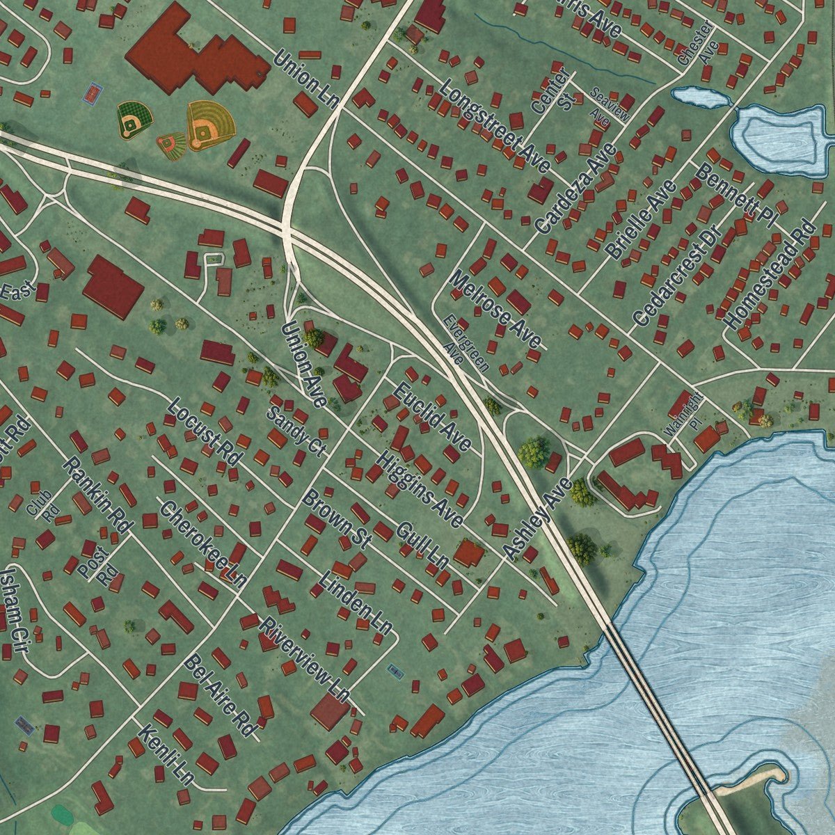 Close-up of the map of Brielle, New Jersey print showing street and building detail
