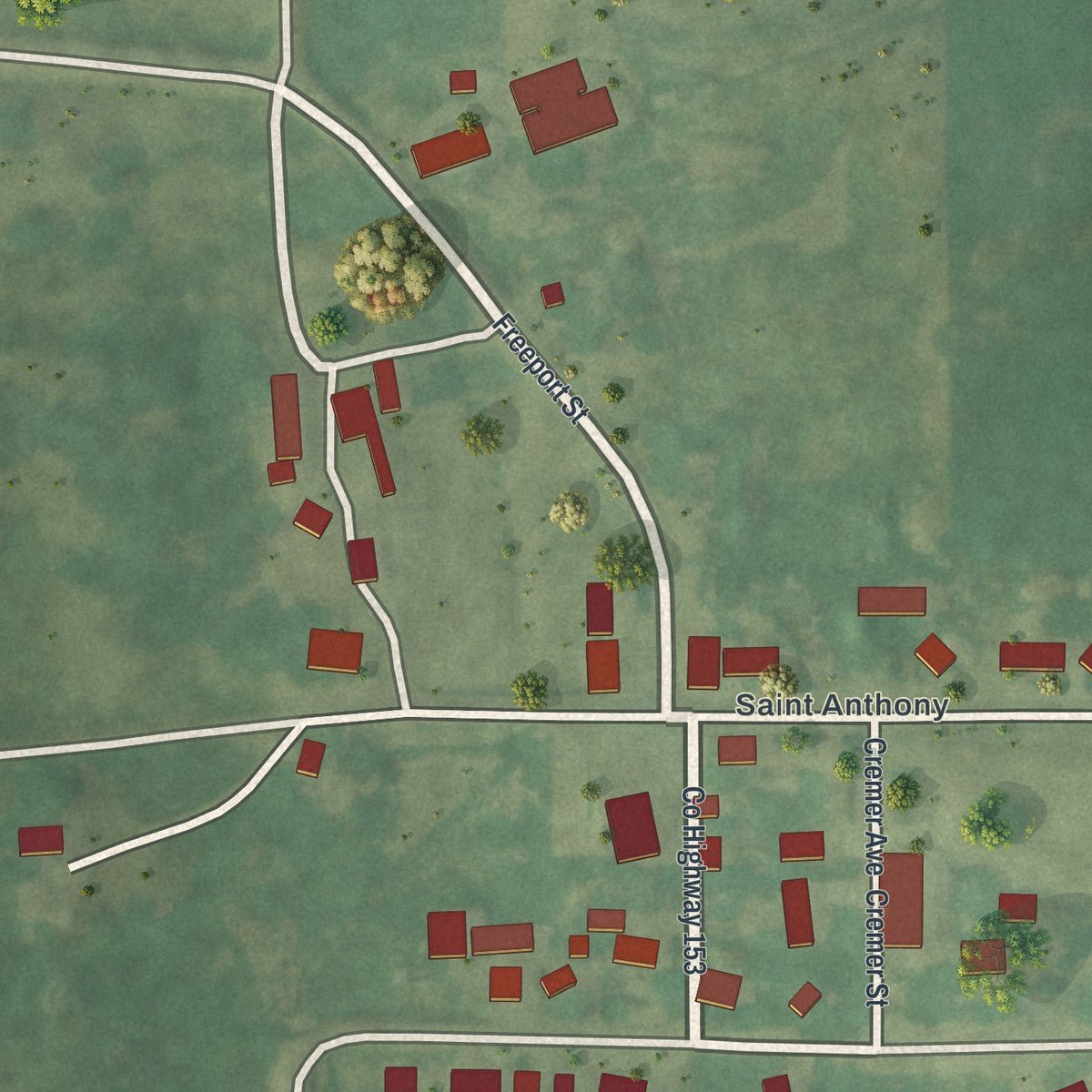 Close-up of the map of St. Anthony, Stearns County, Minnesota print showing street and building detail