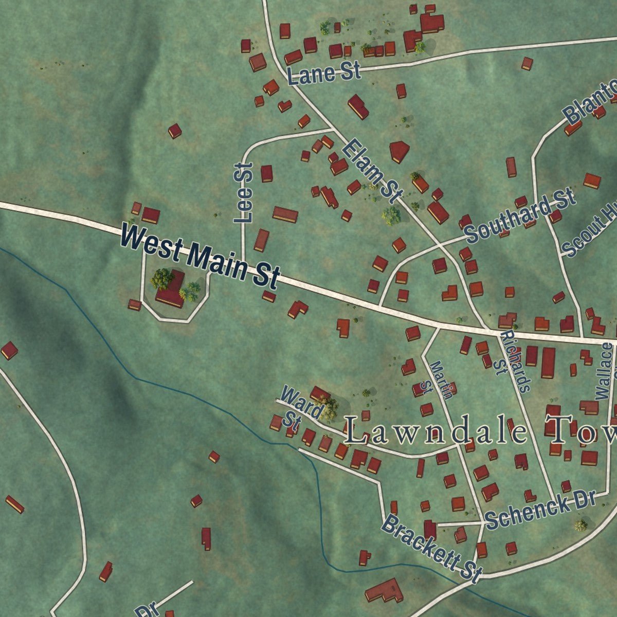 Close-up of the map of Lawndale, North Carolina print showing street and building detail