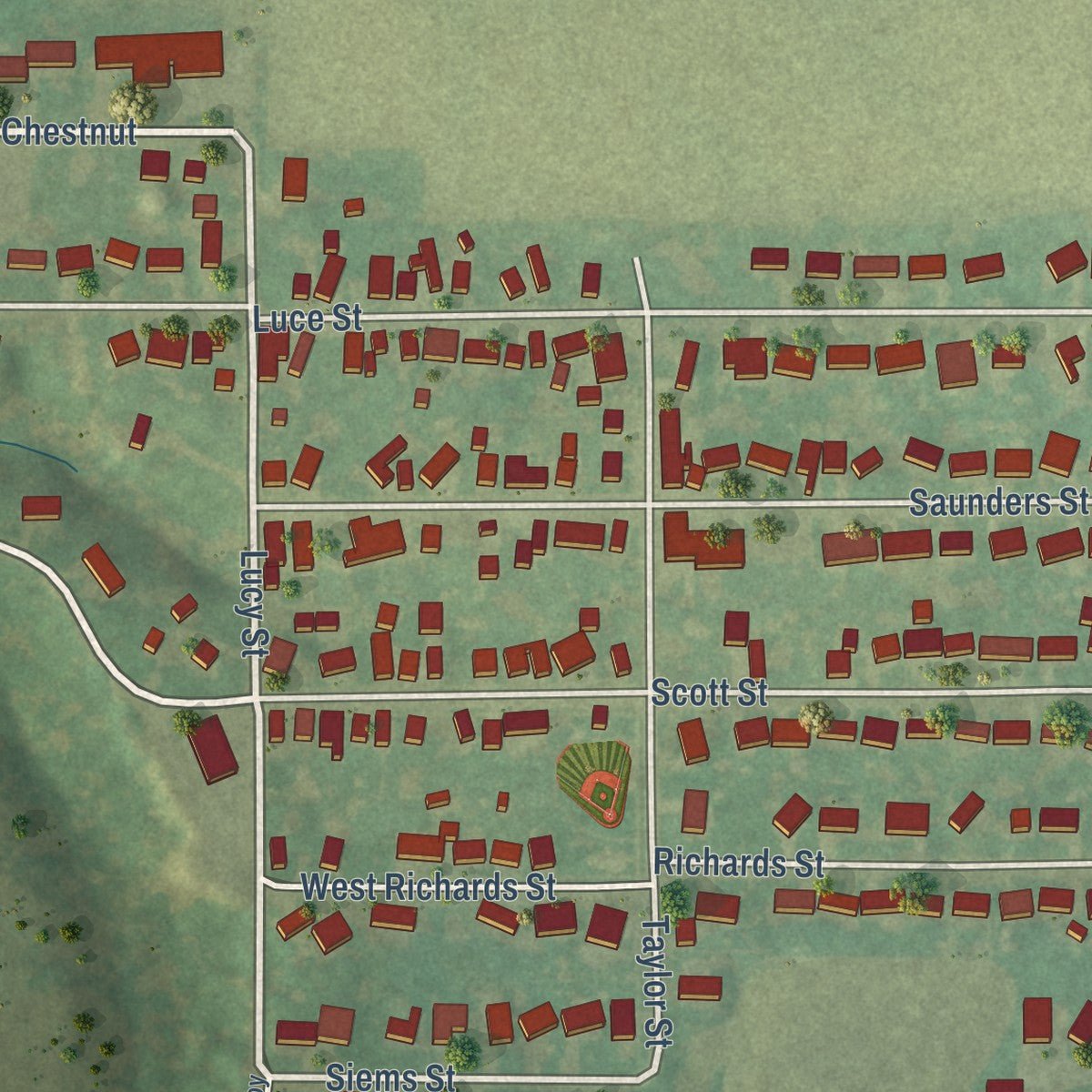 Close-up of the map of Dalzell, Illinois print showing street and building detail