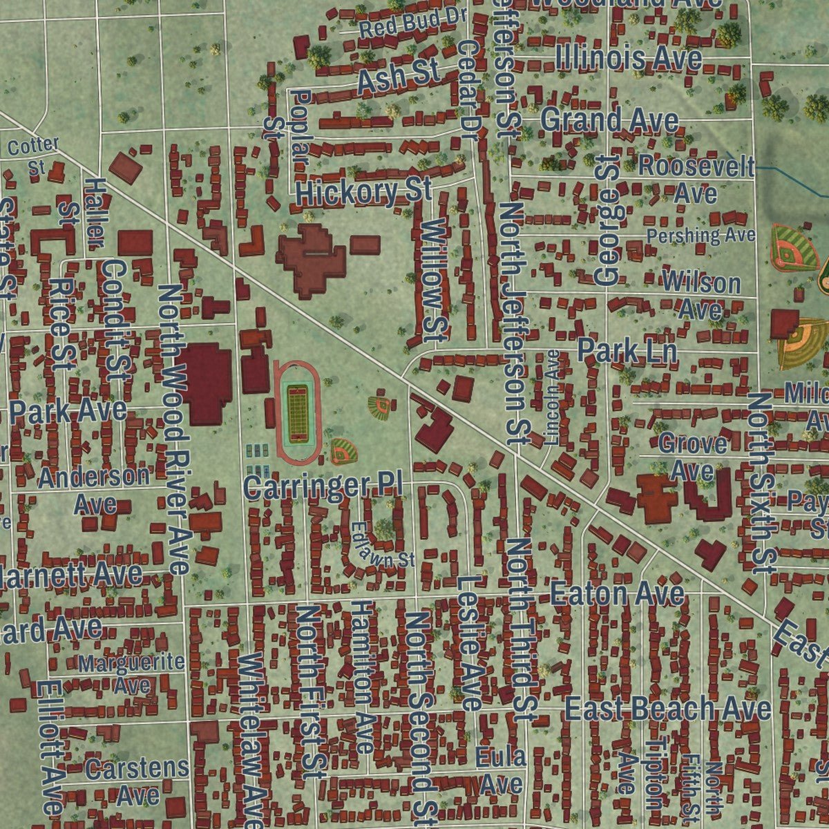 Close-up of the map of Wood River, Illinois print showing street and building detail