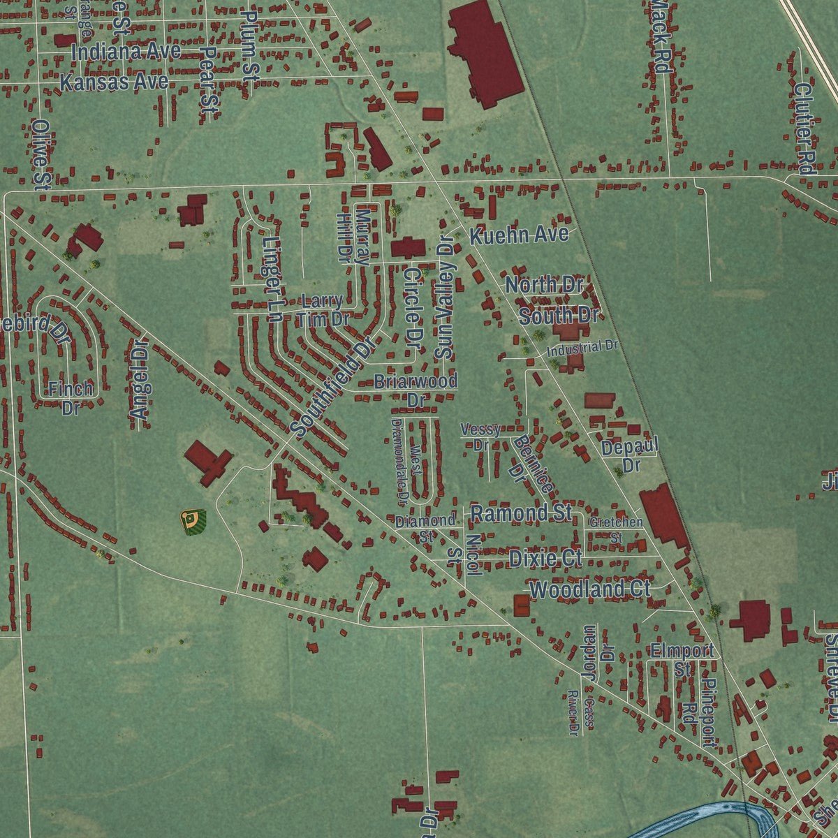 Close-up of the map of Bridgeport, Michigan print showing street and building detail