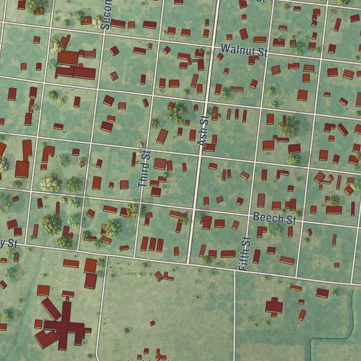 Close-up of the map of Pine Prairie, Louisiana print showing street and building detail