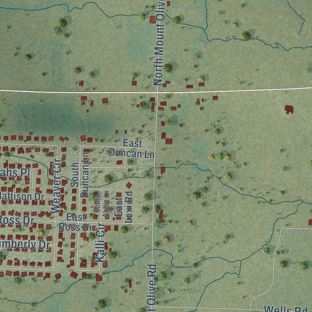 Close-up of the map of Vilonia, Arkansas print showing street and building detail
