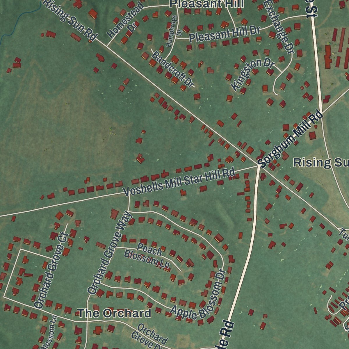 Close-up of the map of Rising Sun-Lebanon, Delaware print showing street and building detail