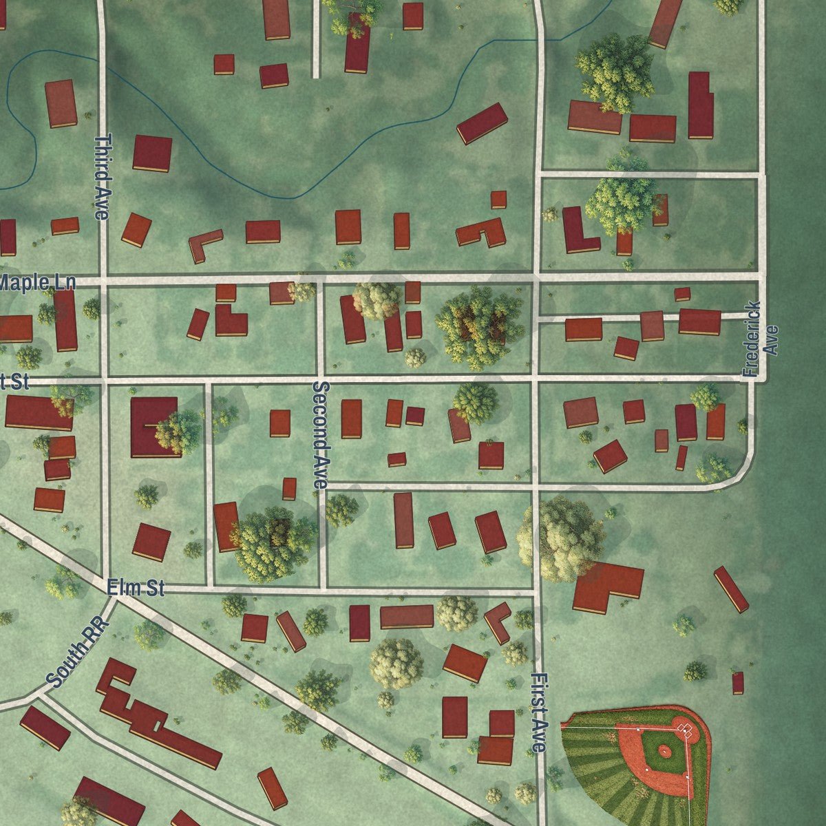 Close-up of the map of Riverdale, Nebraska print showing street and building detail