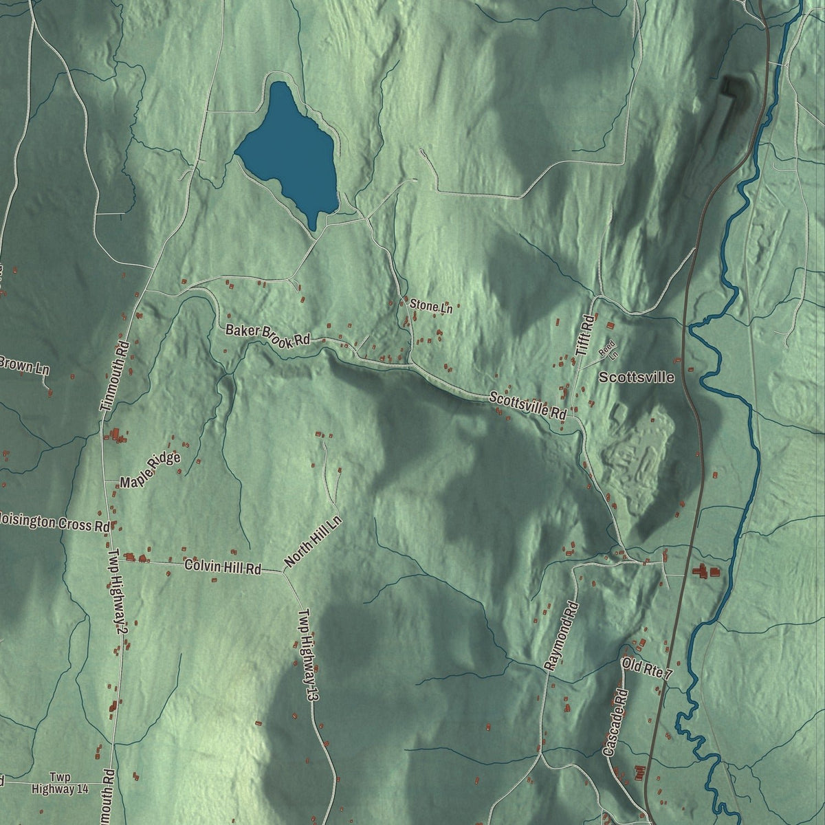 Close-up of the map of Danby, Vermont print showing streets and neighborhoods