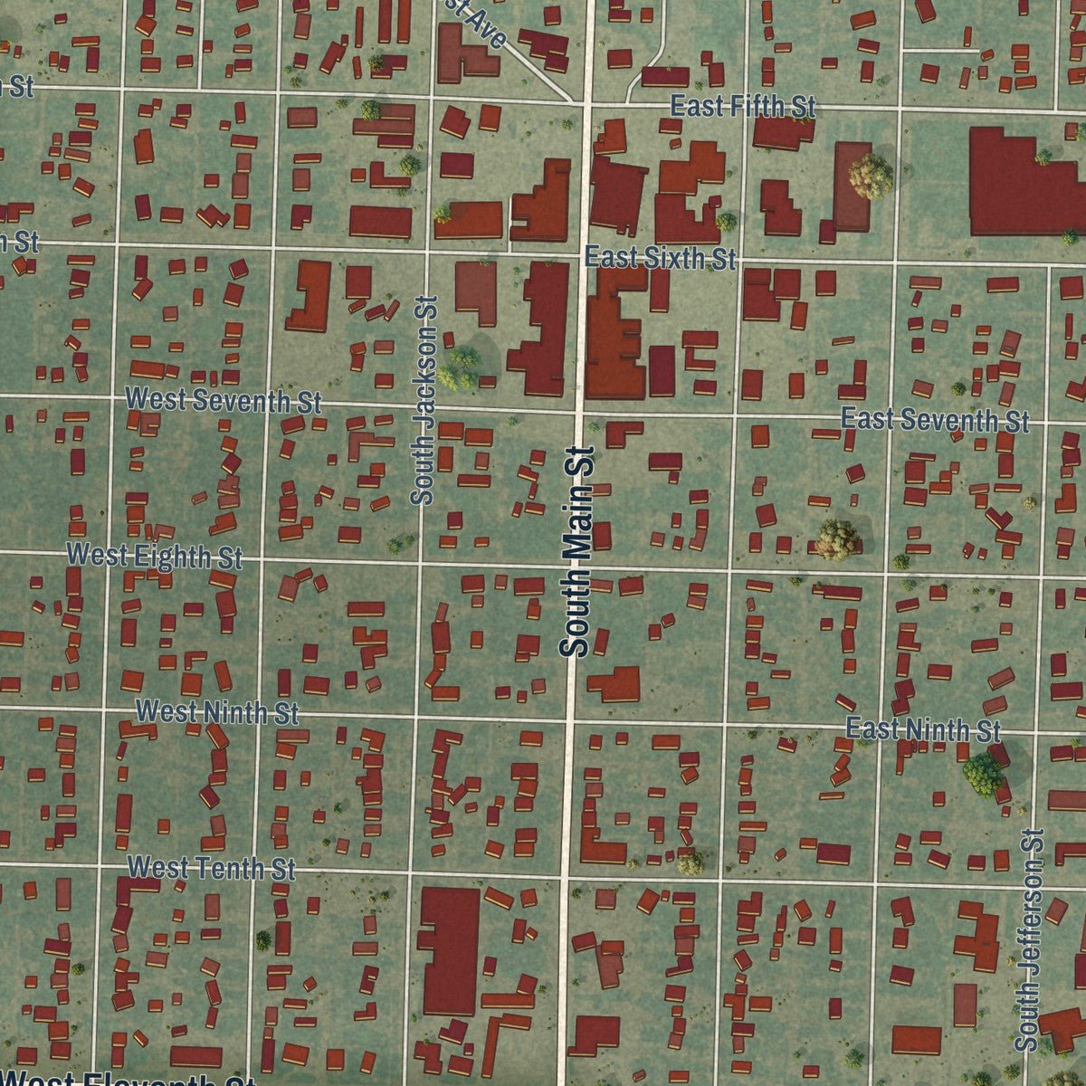 Close-up of the map of Hugoton, Kansas print showing street and building detail