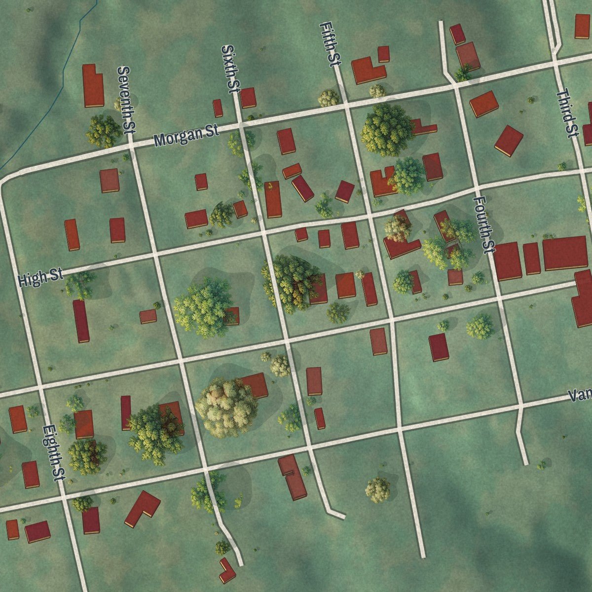 Close-up of the map of Arrow Rock, Missouri print showing street and building detail