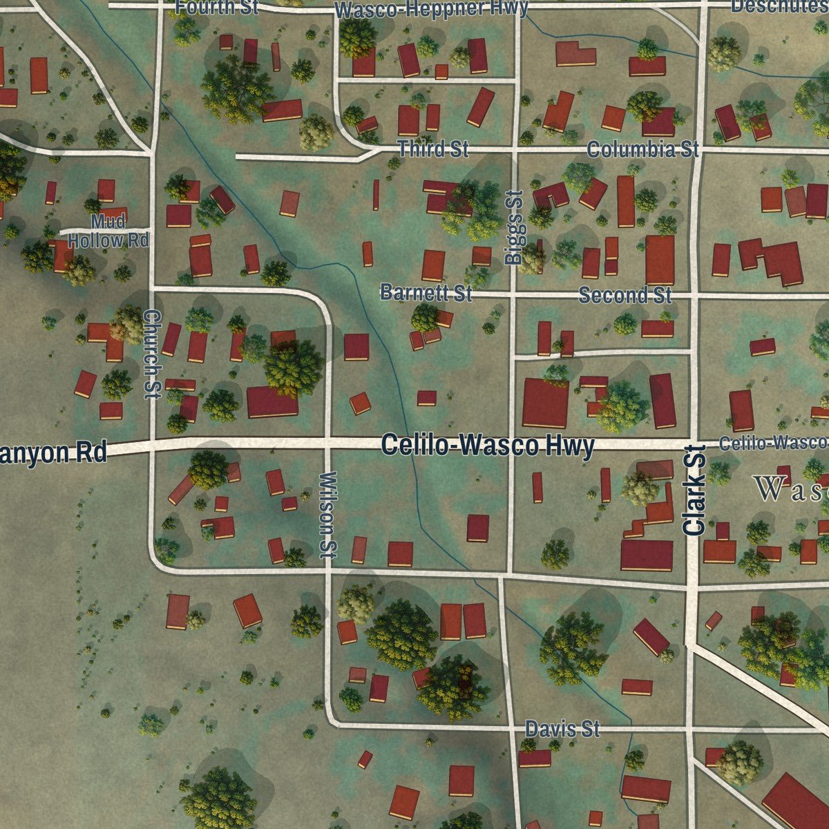 Close-up of the map of Wasco, Oregon print showing street and building detail