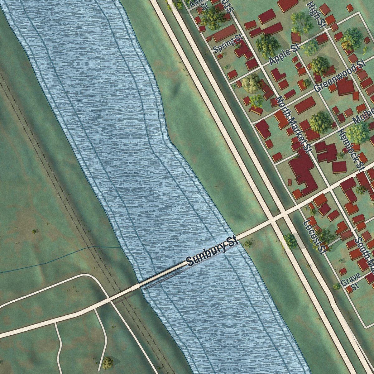 Close-up of the map of Millerstown, Pennsylvania print showing street and building detail