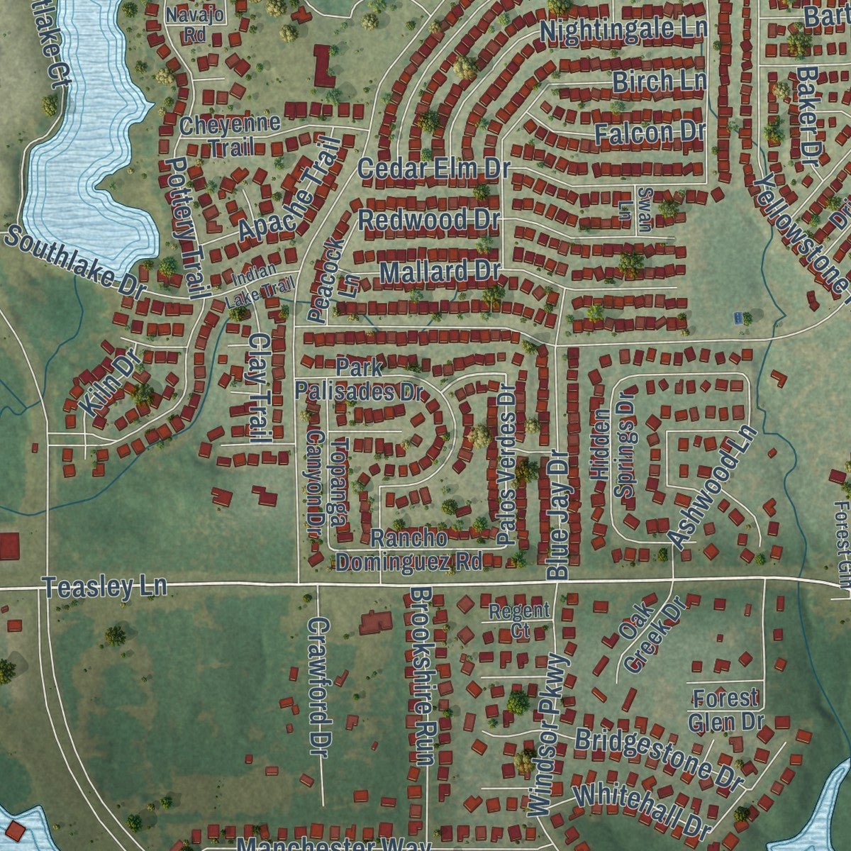 Close-up of the map of Corinth, Texas print showing street and building detail