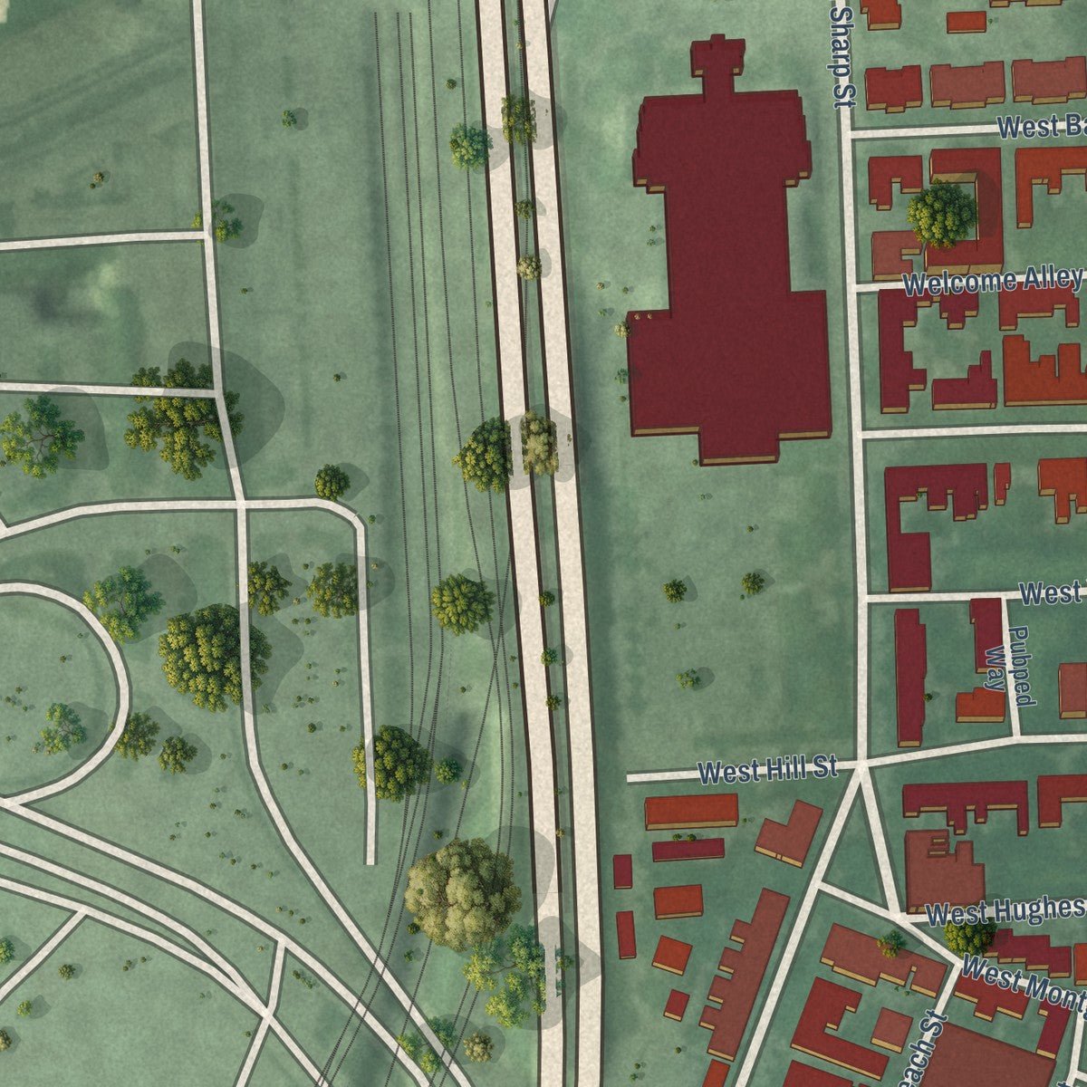 Close-up of the map of Otterbein, Maryland print showing street and building detail