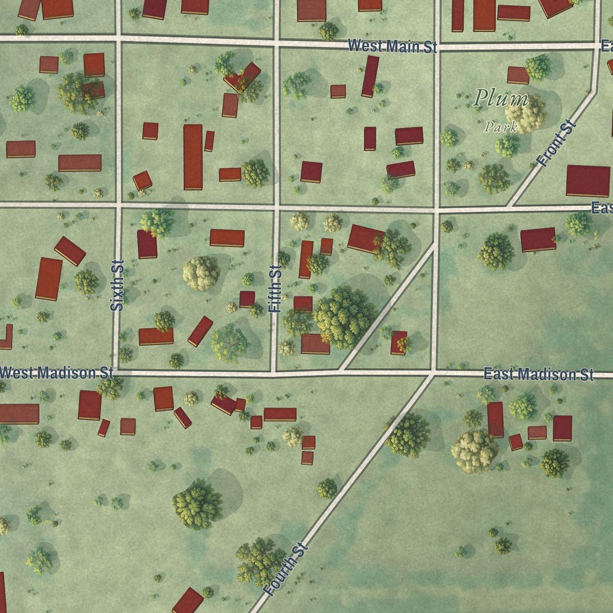 Close-up of the map of Shumway, Illinois print showing street and building detail