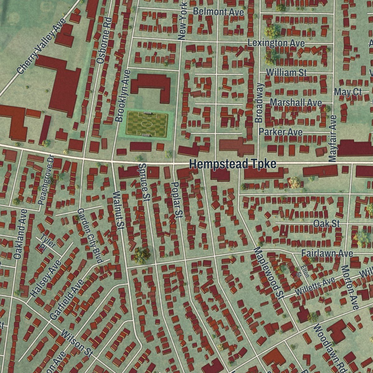 Close-up of the map of West Hempstead, New York print showing street and building detail