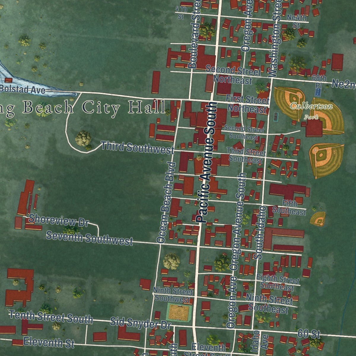 Close-up of the map of Long Beach, Washington print showing street and building detail