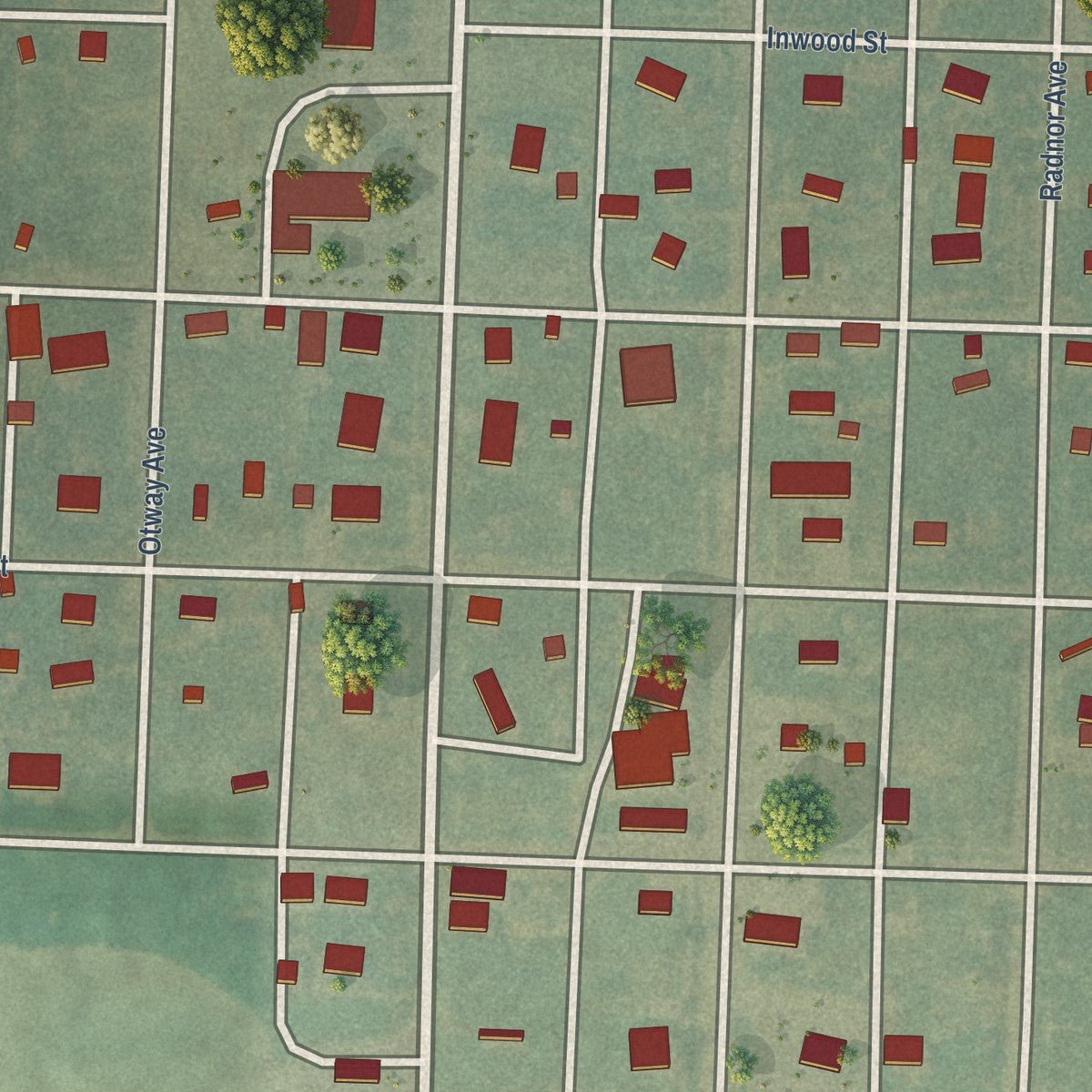 Close-up of the map of Herndon, Kansas print showing street and building detail