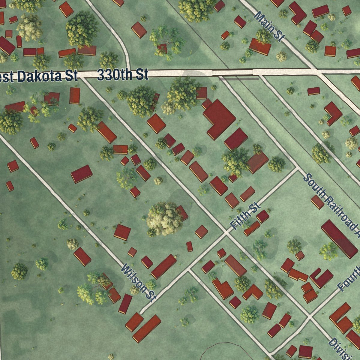 Close-up of the map of Jefferson, South Dakota print showing street and building detail